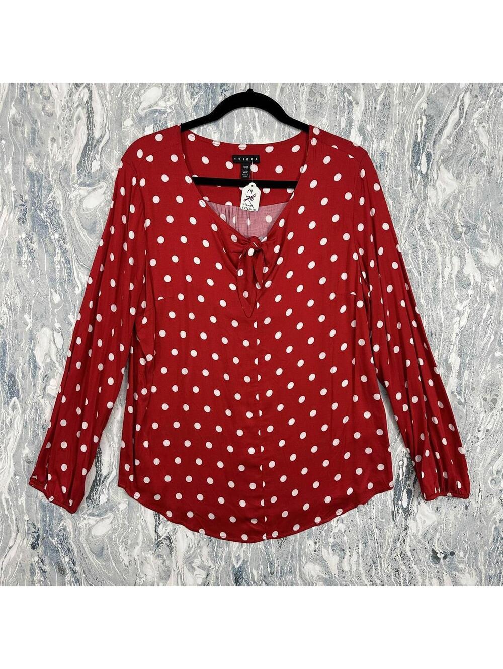 Retro Minimalist Red Polka Dot Long Sleeve Blouse (M)